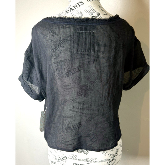 We The Free Women’s Short Sleeve Frayed Black Semi Sheer Shirt Top Oversized XS - Picture 4 of 13